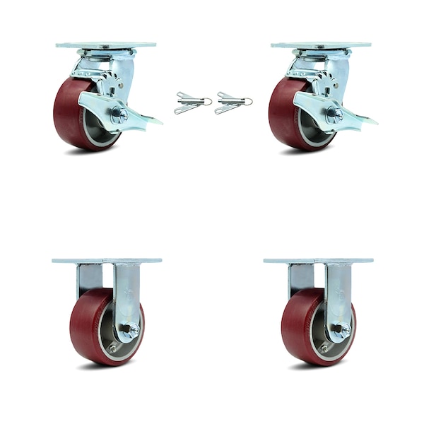 4 Inch Poly on Aluminum Caster Set with 2 Brakes/Swivel Lock 2 Rigid SCC